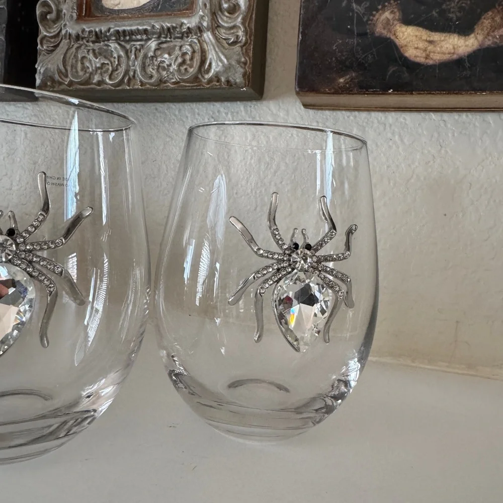 2pc Halloween  Jewel Gem‎ Rhinestone Spider Stemless Wine Glasses